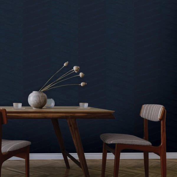 Dark blue wallpaper behind dining table