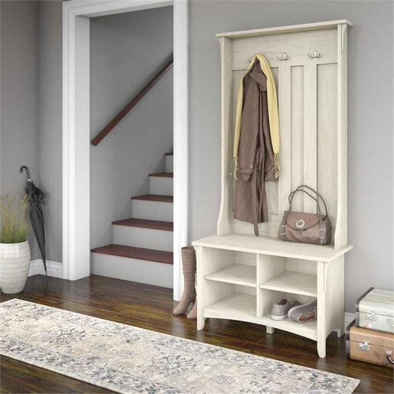 white storage tree and storage bench