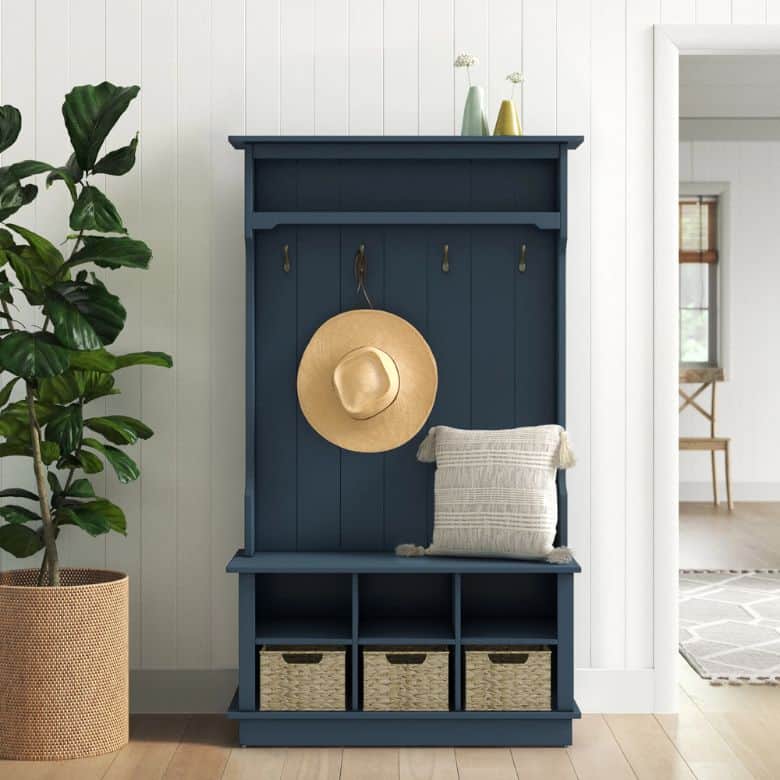 blue hall tree with storage bench