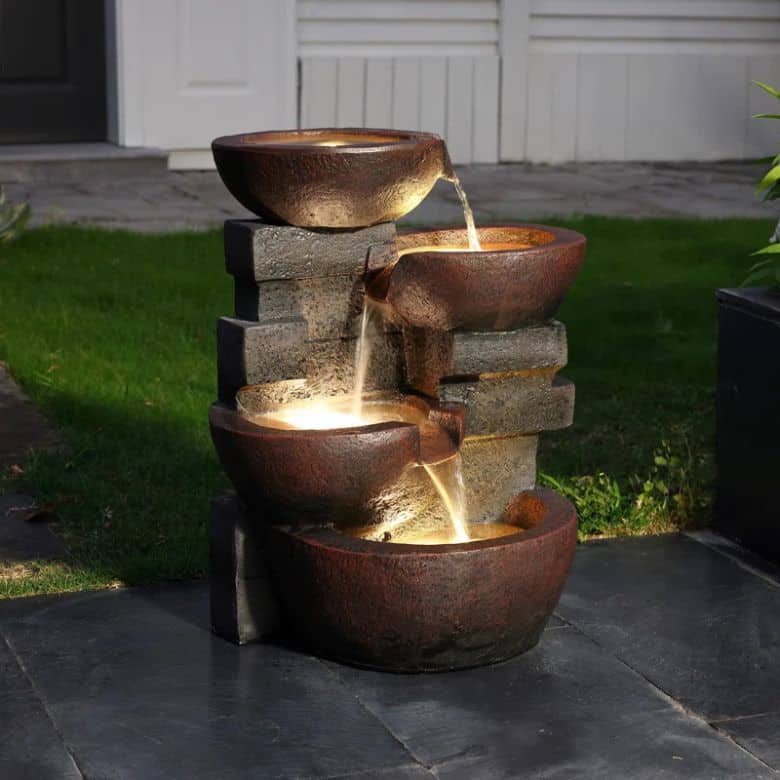 illuminated rustic fiberglass floor outdoor fountain with four tiers
