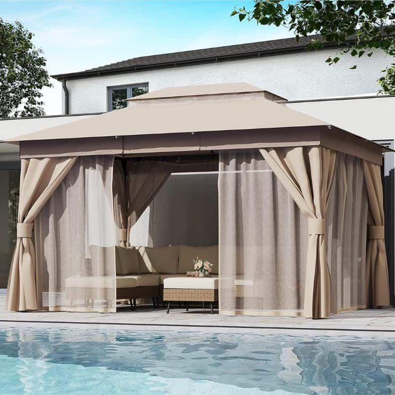 beige outdoor patio pergola with mosquito nets