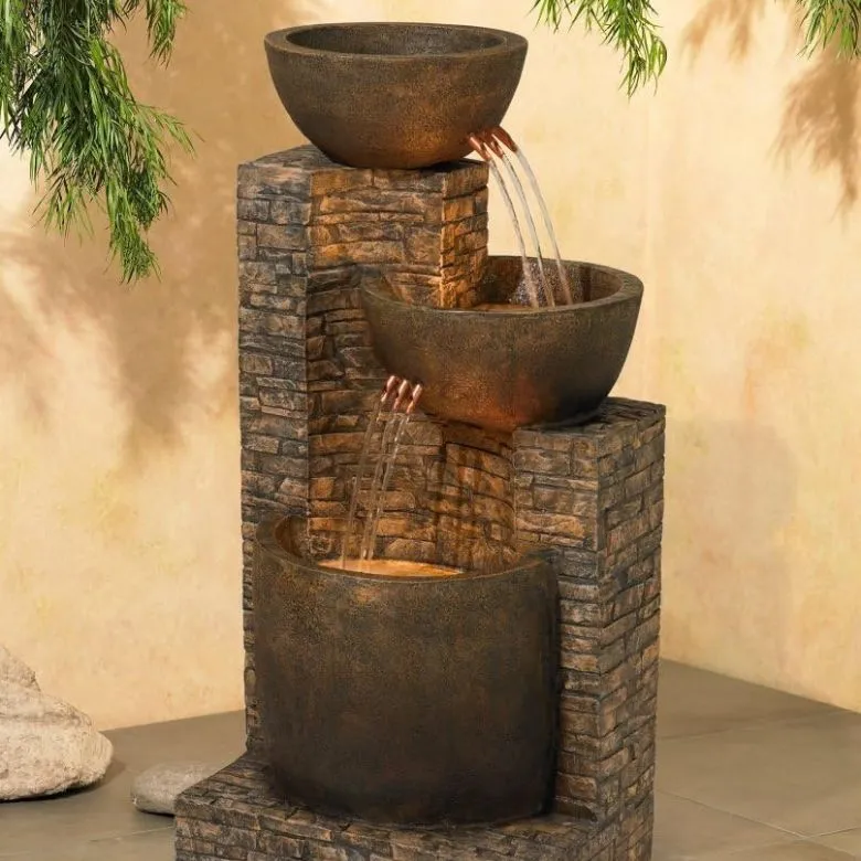 rustic brown three tier outdoor water fountain