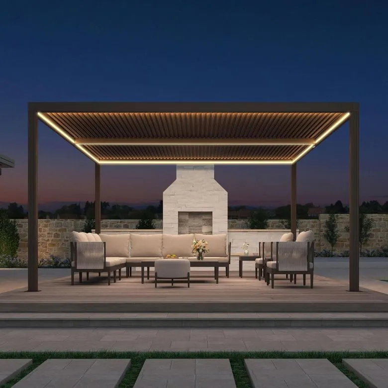 louvered pergola with LED strip lights bordering roof