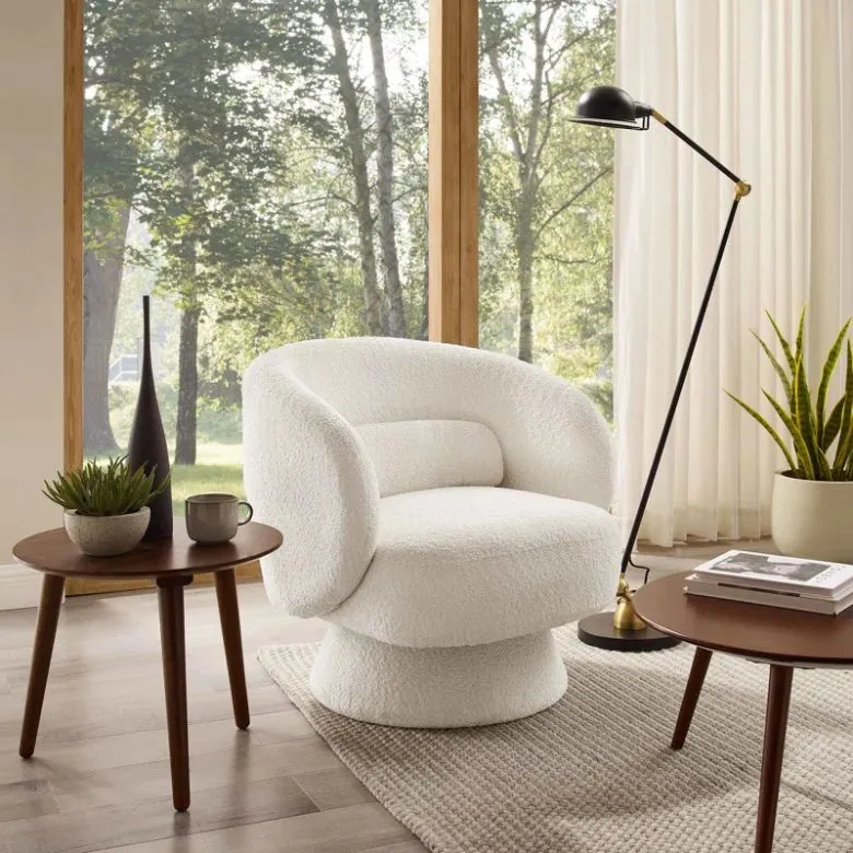 white boucle swivel accent chair
