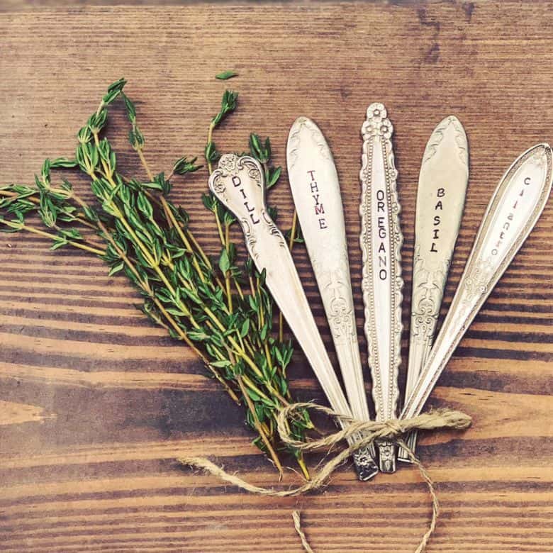 vintage garden markers for dill, thyme, oregano, basil, and cilantro