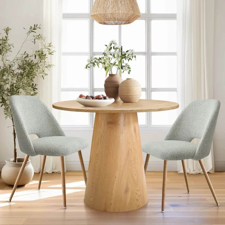 Pedestal Dining Set with 2 Boucle Chairs