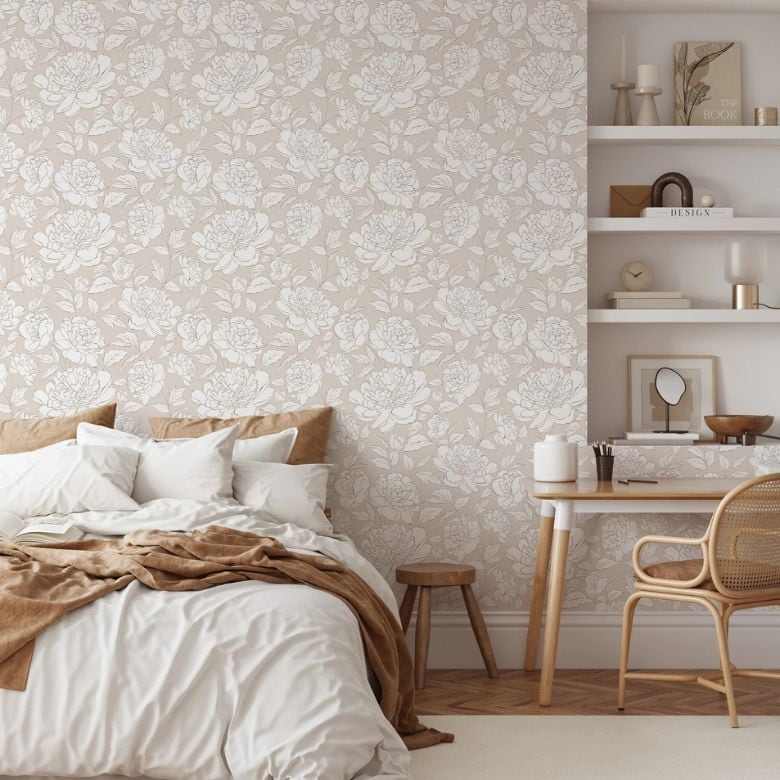 Beige Peony Flowers Peel and Stick Wallpaper Mural
