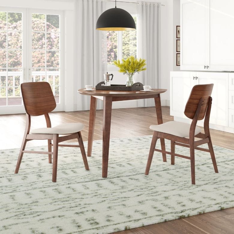 walnut triangular dining table and 2 upholstered chairs