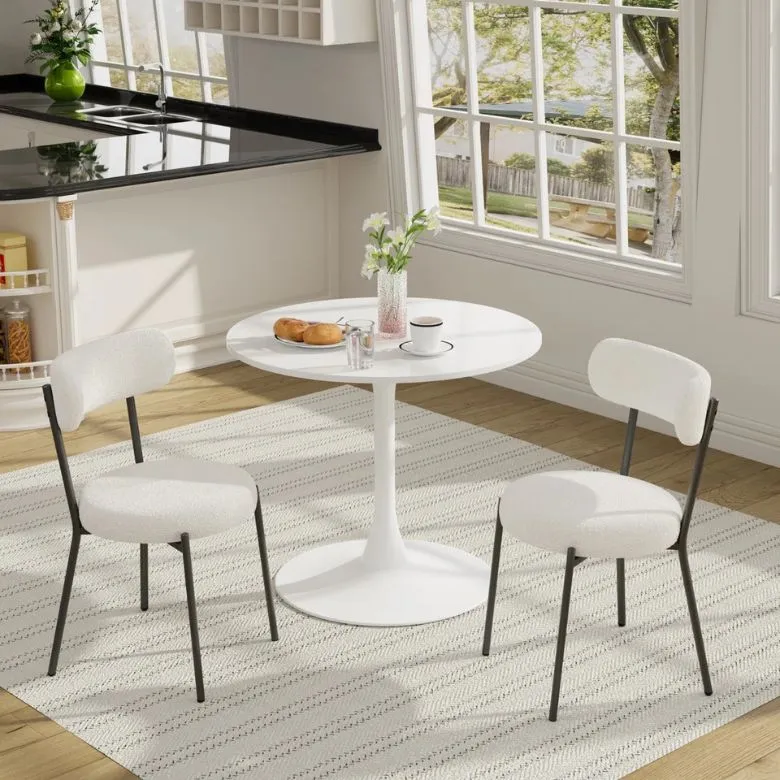 White Modern Round Dining Table with 2 White Upholstered Chairs