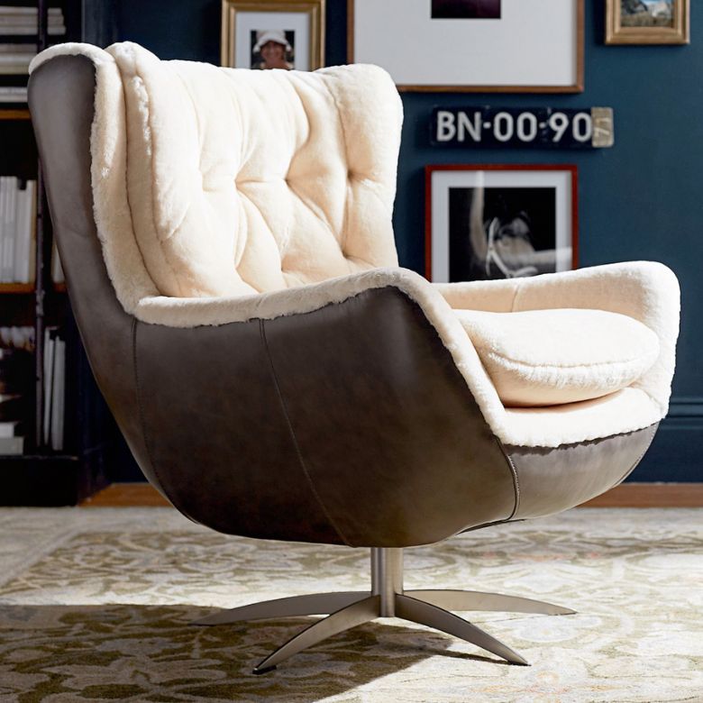 Wells Tufted Leather Shearling Swivel Chair Drew Jonathan