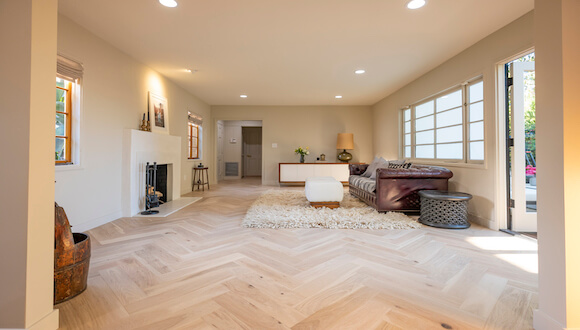 Living room with light wood flooring