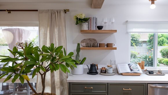 Floating shelves above kitchen counter